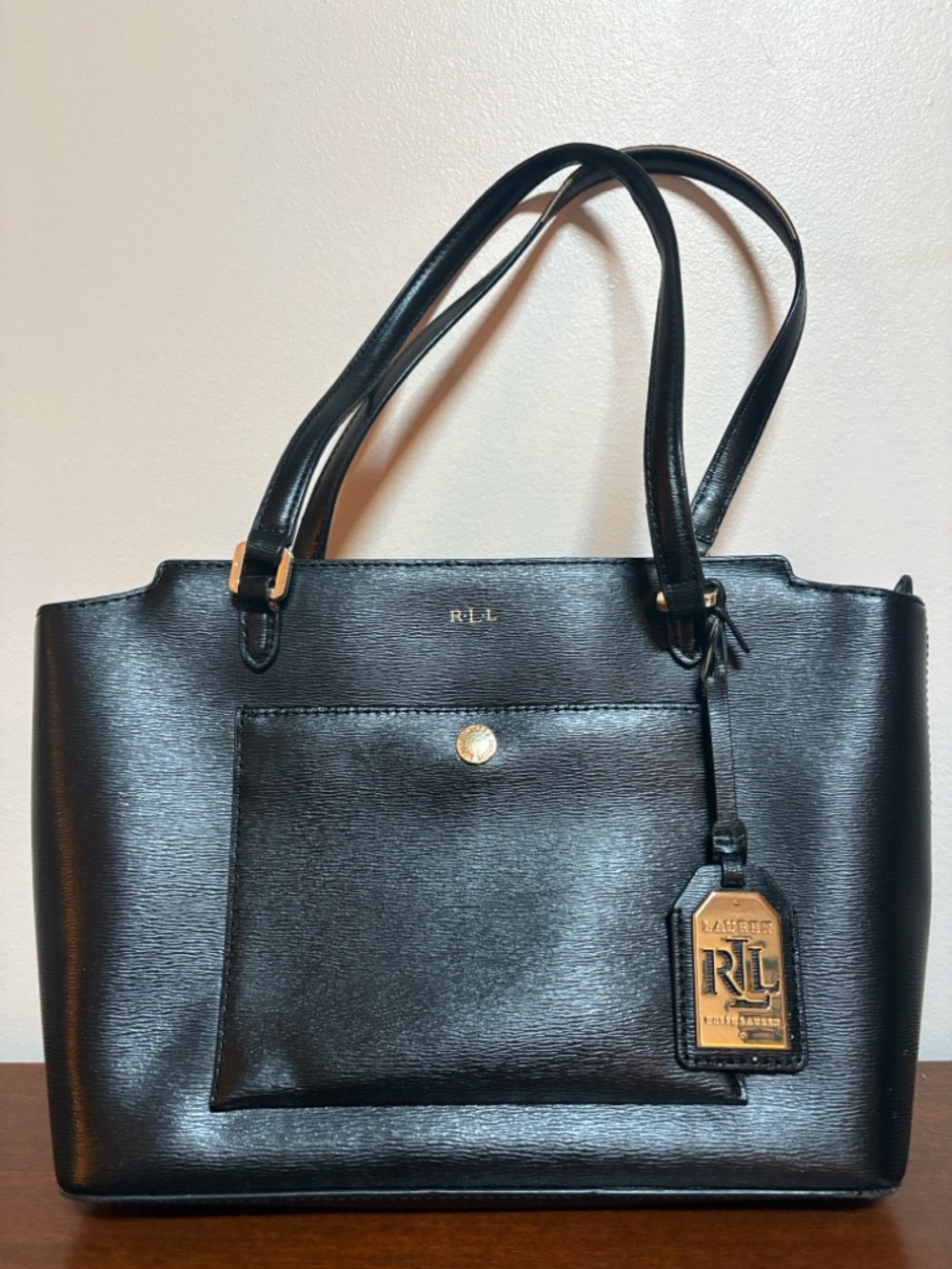 Ralph Lauren Black Leather Tote with Gold Tag